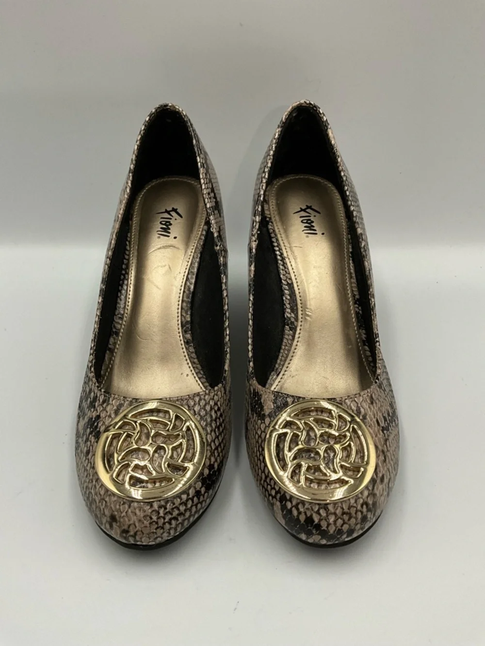 FIONI Wedges Size 6 Beige & Black Snake-Print Wedges with Gold Medallion